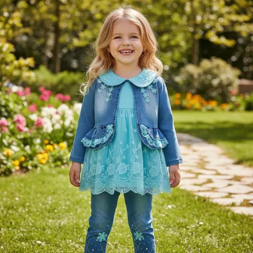 Vista 6 de Peacolate 6M-4Years Primavera Otoño Bebé Niñas Ropa Conjunto 3pcs Manga Larga Vestido Denim Chaqueta y Jeans Azul Lace