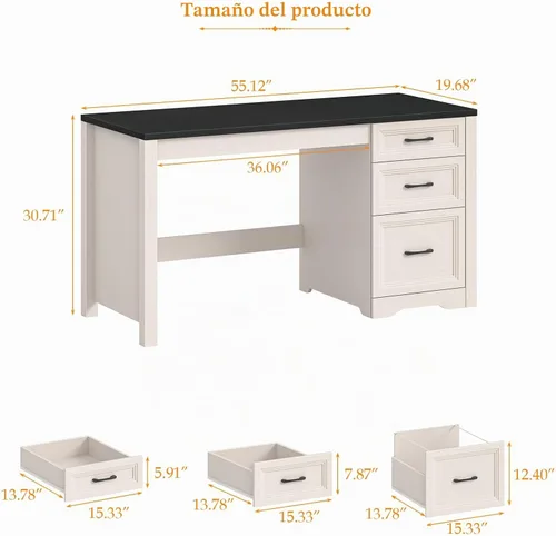 Vista 2 de Vabches Escritorio ejecutivo de granja con cajones, escritorio de oficina en casa con cajón de archivos, escritorio de madera para computadora