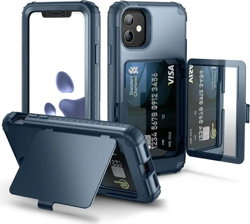 Vista 14 de WeLoveCase para iPhone 11 Estuche tipo billetera Defender con portatarjetas, cubierta con espejo oculto, tres capas, a prueba de golpes, protección
