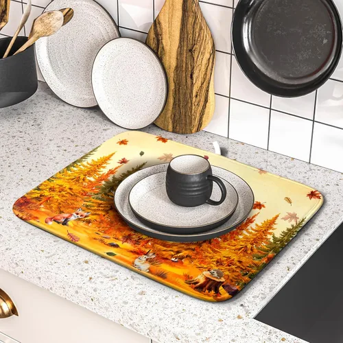 Vista 5 de Alfombrilla de secado de platos para encimera de cocina pequeña absorbente de café de otoño Alfombrilla de secado de microfibra de bosque de otoño