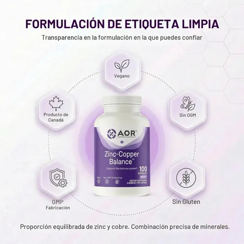 Vista 5 de AOR Cápsulas de equilibrio de zinc y cobre, 15 mg de zinc de 2 mg de cobre