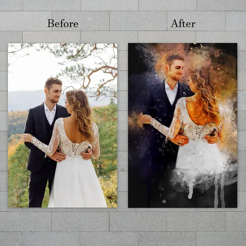 Vista 7 de Awesometik Pintura de acuarela personalizada de foto con fondo oscuro, impresión de ilustración de boda, obra de arte personalizada, lienzo y póster