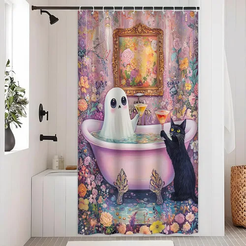 Vista 3 de Divertida cortina de ducha de fantasma, diseño de fantasma, rosa, floral, lindo fantasma toma una bañera en flor, Halloween, gato negro, academia