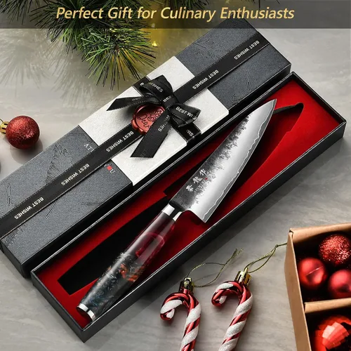 Vista 7 de Cuchillo japonés de 5.5 pulgadas, cuchillo de chef profesional forjado a mano VG10, cuchillos de pelar ultra afilados con mango ergonómico, cuchillo