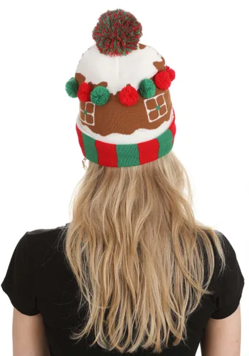 Vista 3 de Gorro Navideño de Punto con Casa de Jengibre y Pompones Multicolor