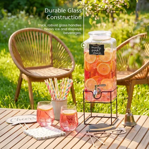 Vista 4 de Kook Glass Drink Dispenser, with Stand, 1 Gallon, Serves 15 Cups, Leak-Proof Stainless Steel Spigot, Beverage Storage for Fridge, for Water, Iced