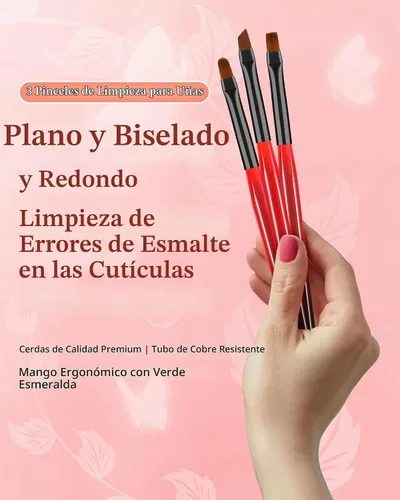 Vista 2 de 3 piezas de brochas de limpieza de arte de uñas, brochas de uña redondas/anguladas/planas resistentes a la acetona para remover esmalte de gel