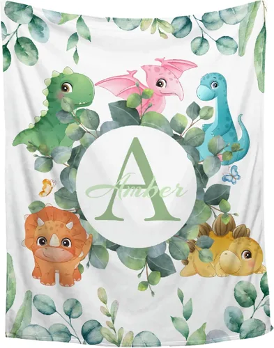 Vista 10 de Manta de regalo personalizada de dinosaurio con nombre para niñas, niños, recién nacidos, dinosaurio, manta personalizada para envolver al bebé