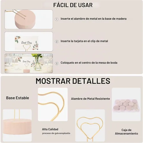 Vista 3 de Oubest Soportes dorados para números de mesa y tarjetas de lugar con alambre de metal en forma de corazón y base de madera, 10 soportes