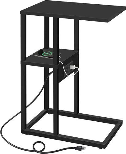Vista 16 de TUTOTAK - Mesa auxiliar en forma de C con estación de carga, mesa lateral, mesa de sofá para espacios pequeños, bandeja de TV con 2 puertos USB