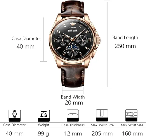 Vista 6 de OLEVS Reloj automático casual para hombre con correa de cuero esfera multicalendario manecillas luminosas resistente al agua fase lunar cristal