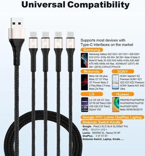 Vista 4 de SIQIWO Cable multiUSB C de carga rápida, [paquete de 4 pies/2] QC 3.0 (3A), cable divisor USB C, cable de carga 4 en 1 con 4 puertos tipo C