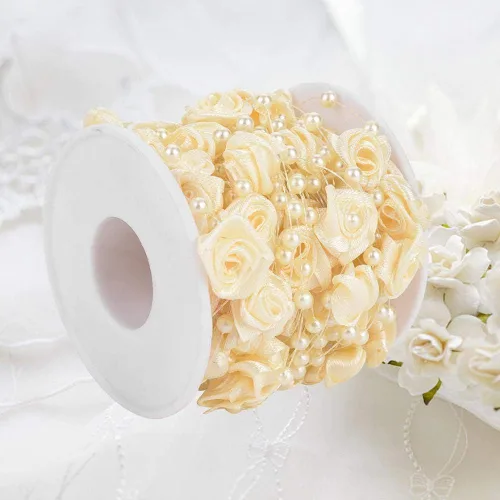Vista 3 de 32.8 ft/roll Rose Artificial Pearl Wire Beads Garland String Wedding Pearl Bead Garland Cuerda Decoración (Beige)