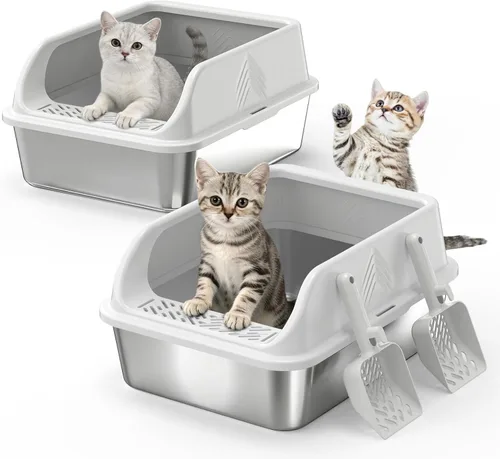 Vista 13 de Pequeña caja de arena de acero inoxidable con tapa para gatitos, cajas de arena de metal para gatos con laterales altos cerradas para gatos
