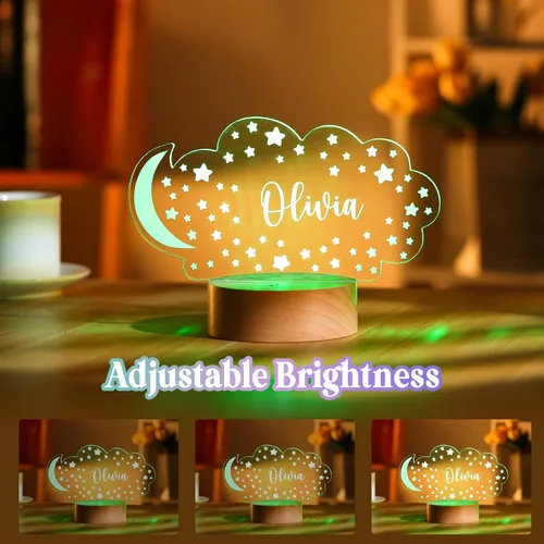 Vista 2 de Luz de noche personalizada con nombre de bebé para niños, niñas, niños, decoración de guardería con estrellas y nubes de acrílico - Incluye control