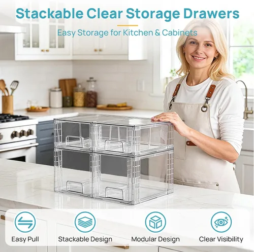 Vista 3 de Vtopmart Paquete de 4 cajones de almacenamiento apilables transparentes, para debajo del fregadero y la cocina, cajones de plástico fáciles