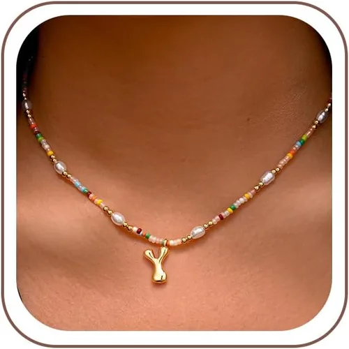 Vista 17 de Ritach - Regalos de Navidad para nietas, adolescentes y niñas, collar con inicial de perlas de colores claros, collar con dije de burbuja dorada
