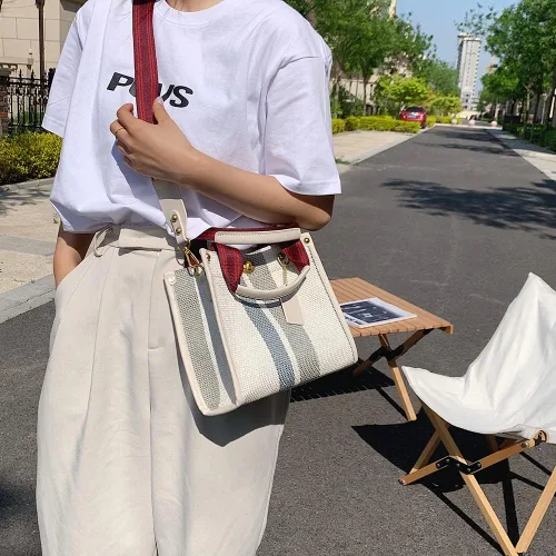 Vista 3 de Bolso de lona para mujer, bolso cruzado estilo hobo, bolso casual de lona, bolso de hombro con asa superior, color a rayas