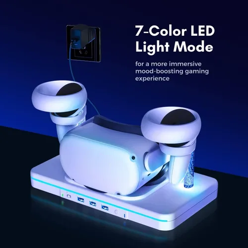 Vista 2 de TNP Base de carga para Oculus Quest 2 Estación de carga de auriculares y controlador de realidad virtual con luz RGB y 3 puertos USB 2.0 Cable