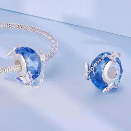Vista 4 de Abalorios de cristal de Murano genuino para pulseras de plata de ley 925 original núcleo azul burbujas rosas abalorios para pulseras Pandora