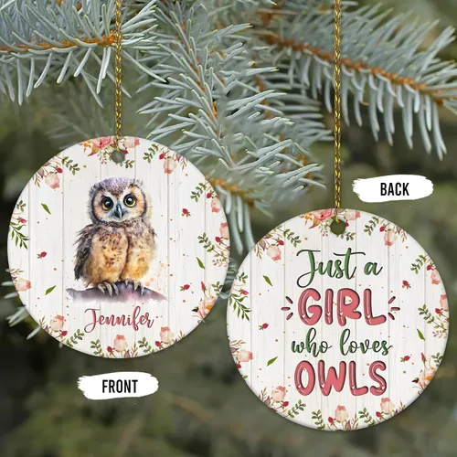 Vista 7 de Hyturtle Adorno de Navidad personalizado para los amantes de los búhos, adorno de cerámica con nombre personalizado de Just A Girl Who Loves Owls