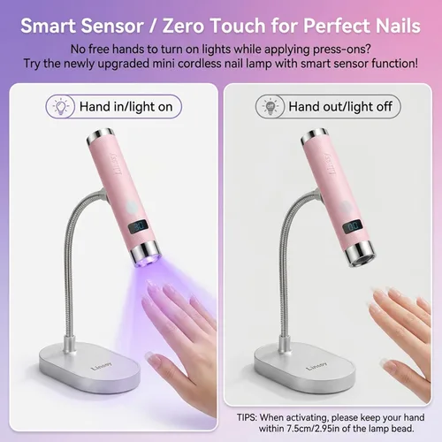 Vista 2 de Linssy - Mini luz UV para uñas con sensor automático y soporte de cuello de cisne, lámpara de uñas inalámbrica portátil con pantalla LCD, luz UV