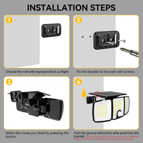 Vista 4 de Luces solares para exteriores con sensor de movimiento, 223 luces LED de seguridad, reflector LED impermeable IP65, 3 cabezales ajustables, luz