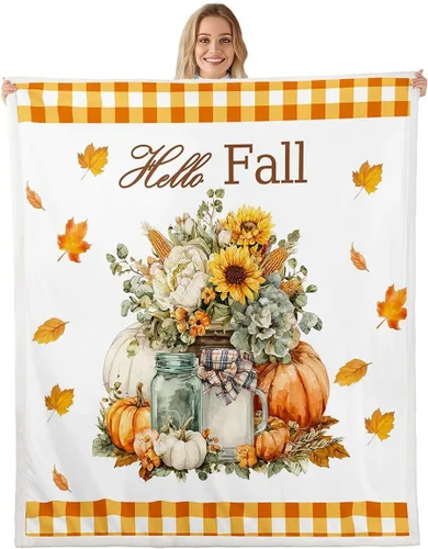 Vista 21 de Fall Scarecrow Throw Blanket,Retro Autumn Pumpinks Squirrel Bed Plush Blanket for Living Room Decor,Rustic Farmhouse Sunflowers Couch Bed Sofa Soft