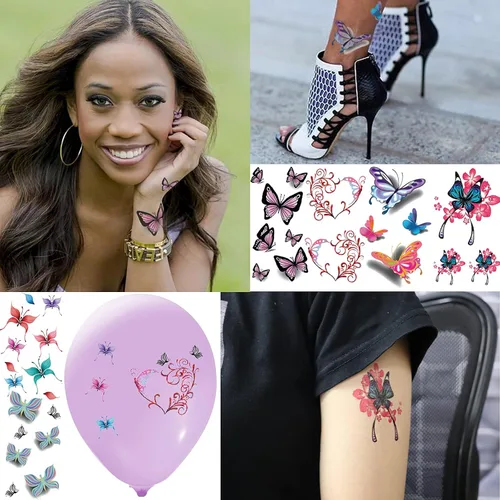 Vista 3 de 30 hojas de tatuajes temporales de mariposa para mujeres, niñas y adultos, mariposas 3D, calcomanías de tatuaje falsas sexys, impermeables, arte
