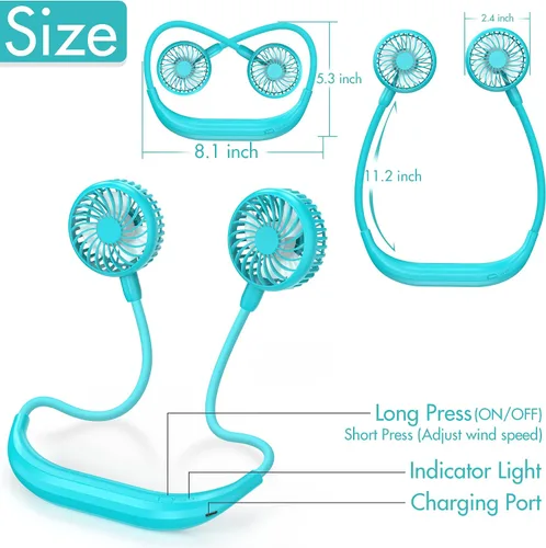 Vista 4 de Ventilador de cuello portátil, 2600 mAh, funciona con pilas, ventilador deportivo ultrasilencioso, manos libres, ventilador USB con 6 velocidades