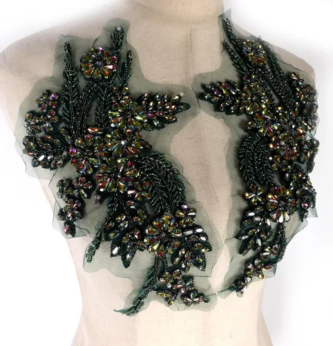 Vista 8 de Parches de Apliques de Ropa DIY con Cuentas de Pedrería Hechos a Mano, Aplique con Cuentas para Decoración de Vestido de Novia Color Verde Oscuro AB