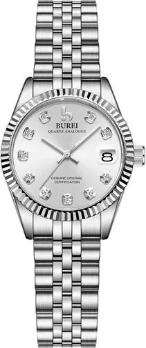 Vista 17 de BUREI Reloj de negocios para mujer con fecha de día, movimiento de cuarzo analógico, pulsera de acero inoxidable de oro plateado, reloj de moda
