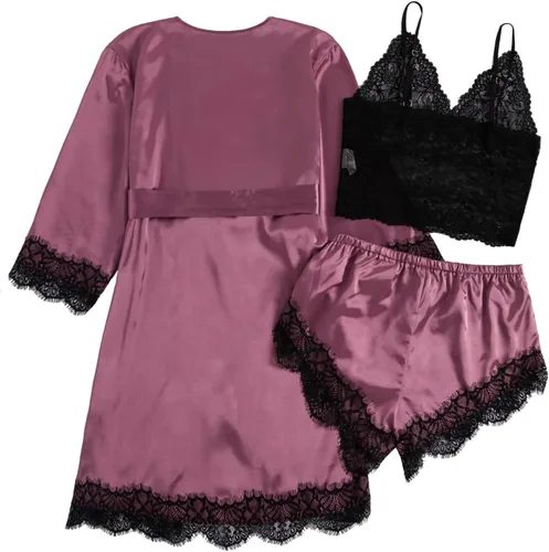 Vista 2 de WDIRARA Conjunto de pijama de 3 piezas de satén con encaje floral y pantalones cortos para mujer con bata