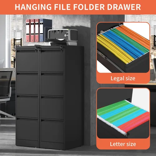 Vista 4 de IKIMI Archivador de 4 cajones, archivadores de metal con cerradura, archivador vertical negro para oficina en casa, gabinete de almacenamiento