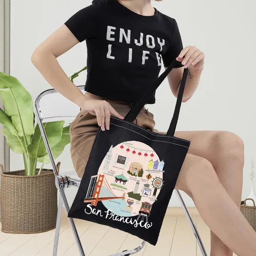 Vista 6 de LEVLO San Francisco Trip Tote Bag - Golden Souvenir Bolsa de comestibles reutilizable