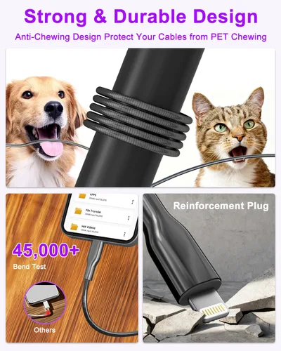 Vista 5 de Cable USB C a Lightning de metal de 6.6 pies, cable de carga a prueba de mordidas para gatos y perros, carga rápida y sincronización de datos, cable
