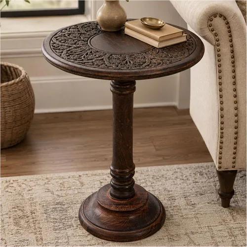 Vista 17 de Mesa auxiliar de madera de mango tallada a mano – 18x22 rústica