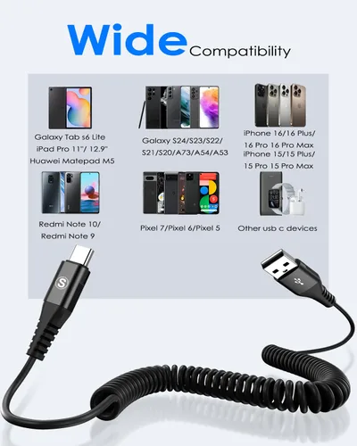 Vista 6 de Cable USB C en espiral de 3.3 pies, cable USB A a USB C para automóvil, cable de carga rápida para iPhone 17 16 15 Pro Max Plus Samsung Galaxy S26