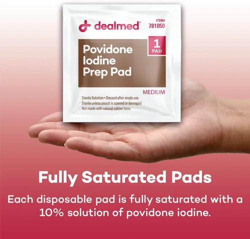 Vista 6 de Dealmed Povidone Yodine Prep Pad 10% - Paquetes sellados individualmente, perfectos para el cuidado de heridas y botiquines portátiles de primeros