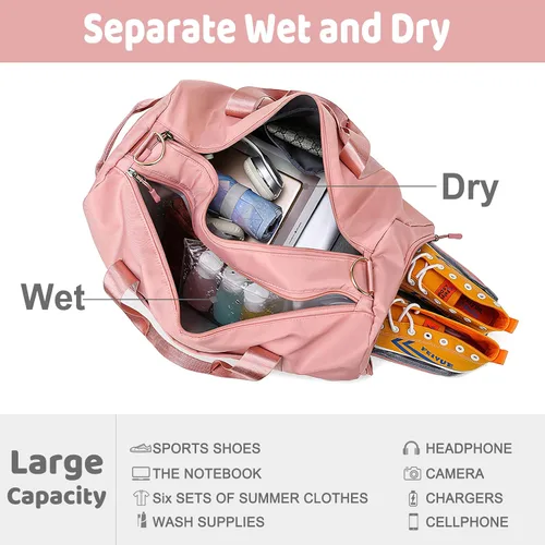 Vista 3 de Bolsa de lona personalizada, bolsa de viaje deportiva para gimnasio, con nombre bordado, con texto bordado, seco, húmedo, separado durante la noche