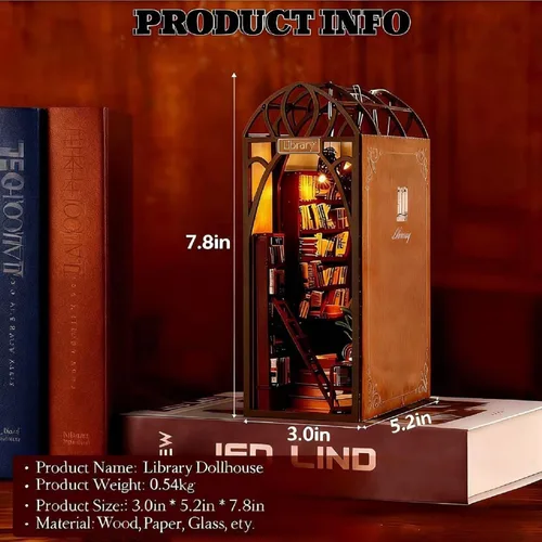 Vista 4 de Kit de rincón de libros para bricolaje con luces LED, rompecabezas de madera 3D para insertar en estantería y decoración de casa de muñecas, kit