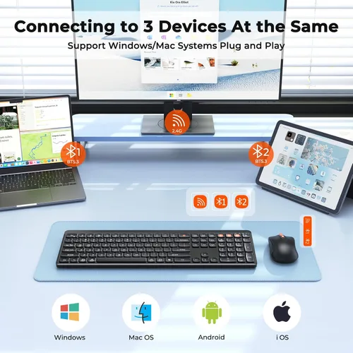 Vista 2 de Teclado y ratón Bluetooth, 2.4G + Bluetooth dual multidispositivo, teclado ergonómico silencioso de tamaño completo con ratón inalámbrico ajustable
