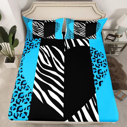 Vista 8 de Manfei Leopard Print Fitted Sheet Twin Size,Blue Brown Black Stripes Bedding Set 2pcs,Wild Animal Cheetah Skin Bed Sheets with 1 Pillowcase,Kids