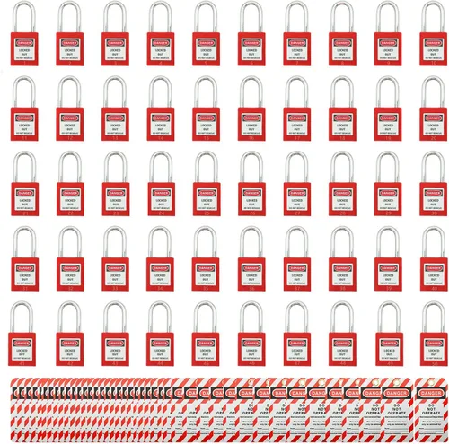 Vista 10 de SAFBY 50 cerraduras de bloqueo con llave con 50 etiquetas de bloqueo, candados seguros Loto para estaciones y dispositivos de bloqueo (1-50 negro)