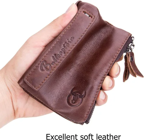 Vista 7 de BULLCAPTAIN Cartera de cuero genuino para hombre estilo vintage con doble cremallera monedero Coffee 47x12x37HxWxL Casual