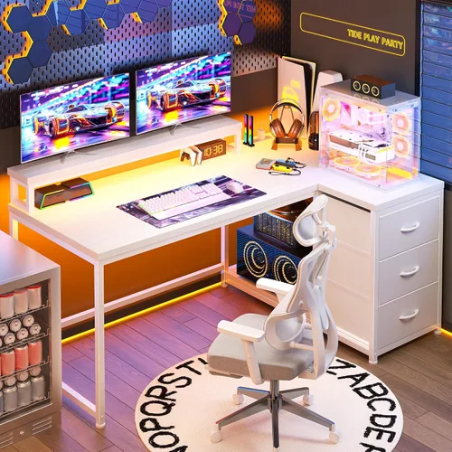 Vista 11 de EnHomee Escritorio para juegos en forma de L con luces LED y toma de corriente, escritorio de computadora de 40 pulgadas con cajones, escritorio