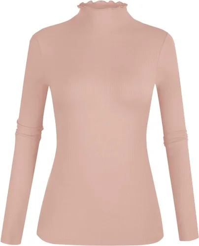 Vista 21 de POPZONE - Camiseta de manga larga con cuello alto falso, ajustada, de punto acanalado con ribete de lechuga para mujer