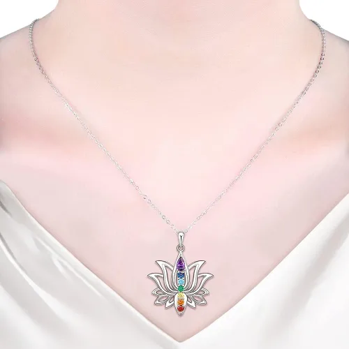 Vista 7 de Jewlikee Collar de 7 chakras colgante de loto plata de ley para yoga chakras piedra curativa collares para mujer equilibrio energético Plata