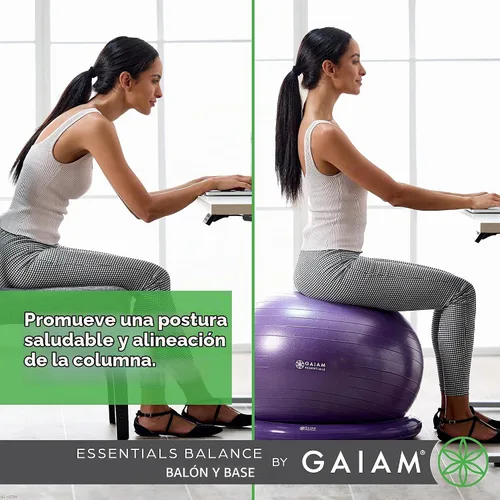 Vista 2 de Kit de pelota de equilibrio y base Gaiam Essentials, silla de pelota de yoga de 65 cm, pelota de ejercicio con base de anillo inflable para el Negro