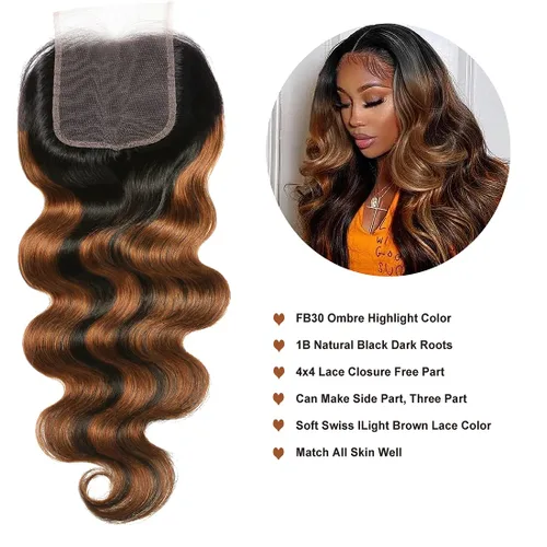 Vista 4 de UNICE Ombre Highlight Body Wave cierre de encaje 4x4 parte libre, cabello humano marrón cierre ondulado con raíces oscuras, color FB30 de 16 pulgadas